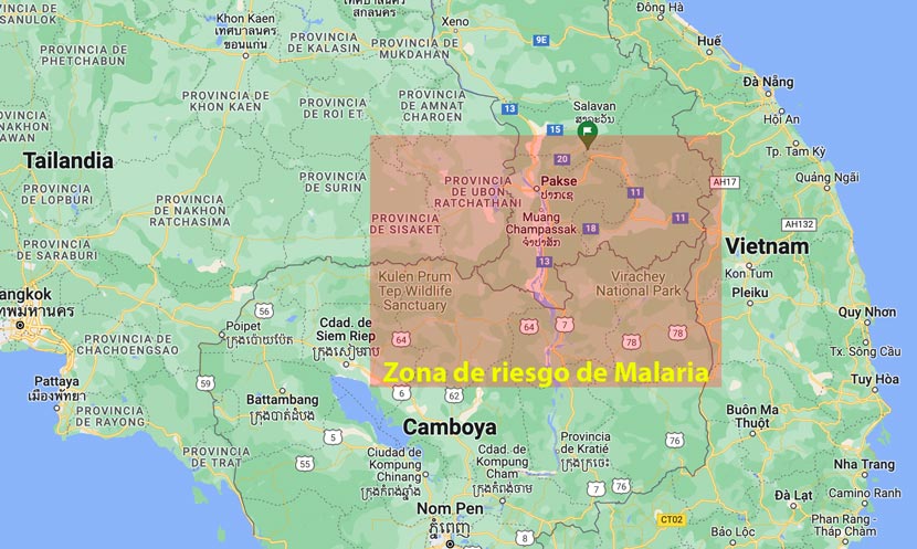 mapa con las zonas con riesgo de malaria, una de las enfermedades sin vacuna en el Sudeste Asiático