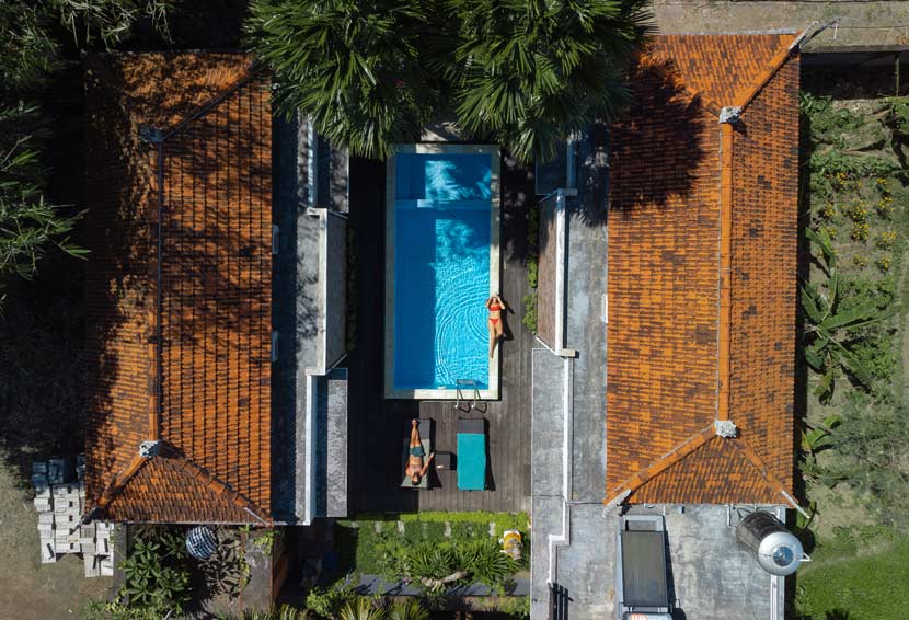 Vista de dron de De Gus Guesthouse, una villa ideal para dormir varias noches en Ubud