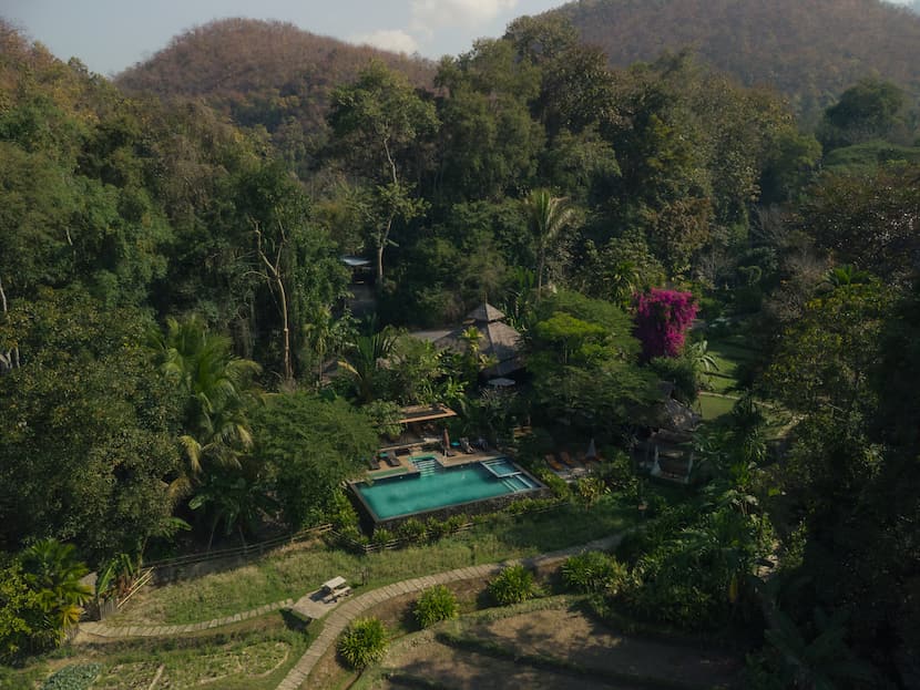 La infinty pool de Fern Resort a vista de dron, totalmente rodeada de selva y una vegetación exuberante